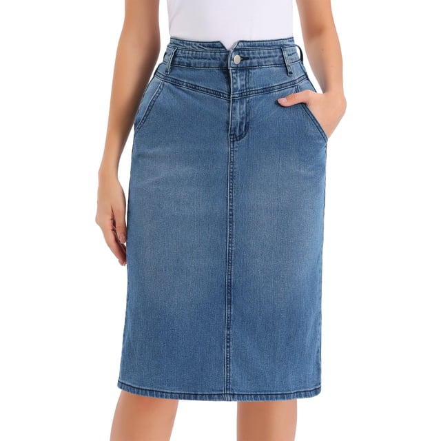Falda de mezclilla para mujer INSPIRE CHIC con abertura trasera, elástica, de cintura alta, casual, midi, en azul