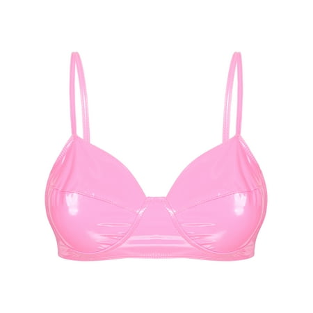 LiiYii Women s Wet Look Faux Leather Bra Tops Wire-free Unlined Triangle Bralette Corset Underwear Lingerie Pink 3XL