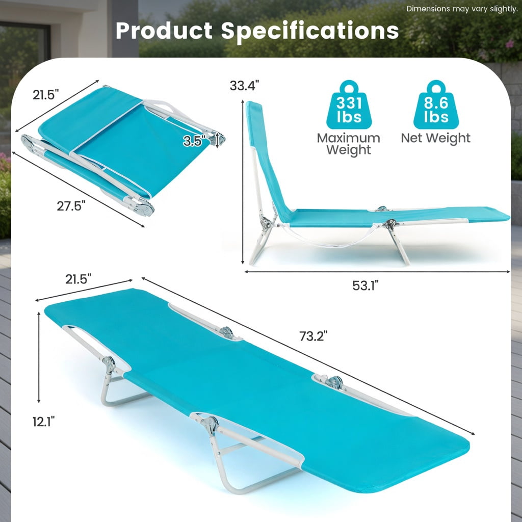 Hommoo 2-Pack Adjustable 5-Position Lay-Flat Beach Lounge Chairs with Carry Strap, Heavy-Duty 600D Oxford & Powder-Coated Metal Frame, Turquoise