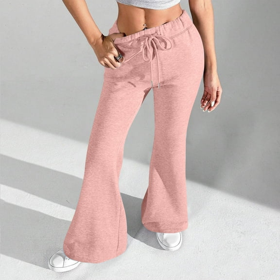 tarylea Sweatpants for Women Elastic Waist Drawstring Flare Pants Solid Color Bell Bottom Trousers Casual Loose Workout Pants