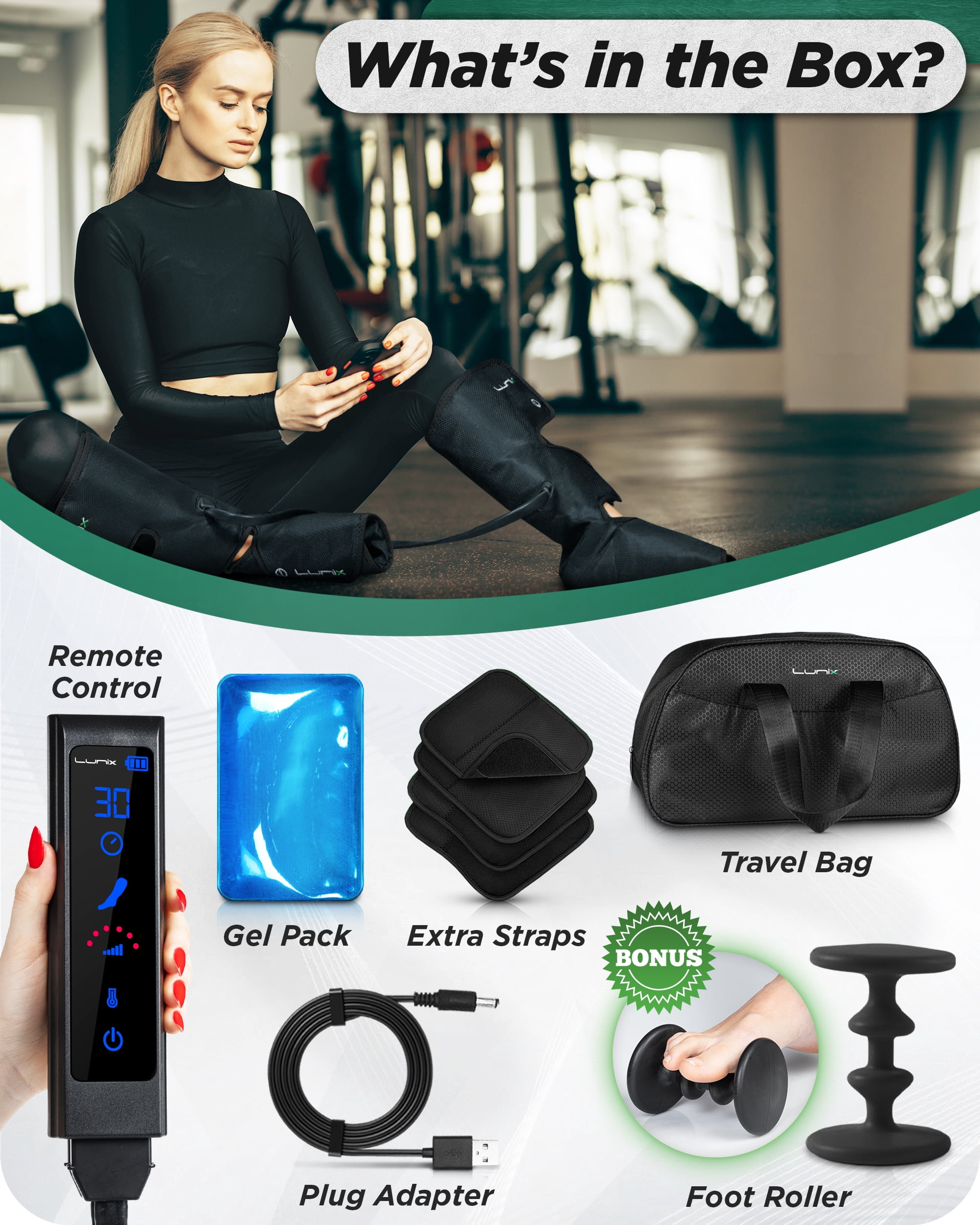 Lunix LX1 Foot and Calf Compression Massager, Cordless Rechargeable Leg Massager with Heat, Charcoal Black