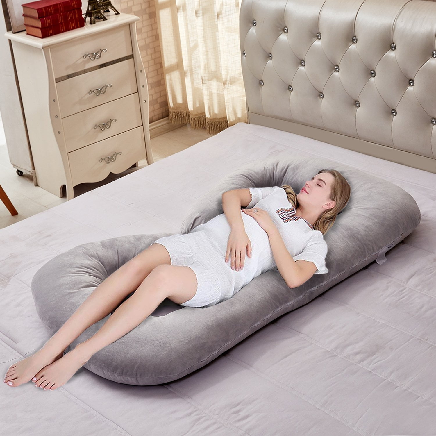 Bed Buddy Full Body Pillow and C-Shape Pregnancy Pillow - Maternity Support Pillow, Gray