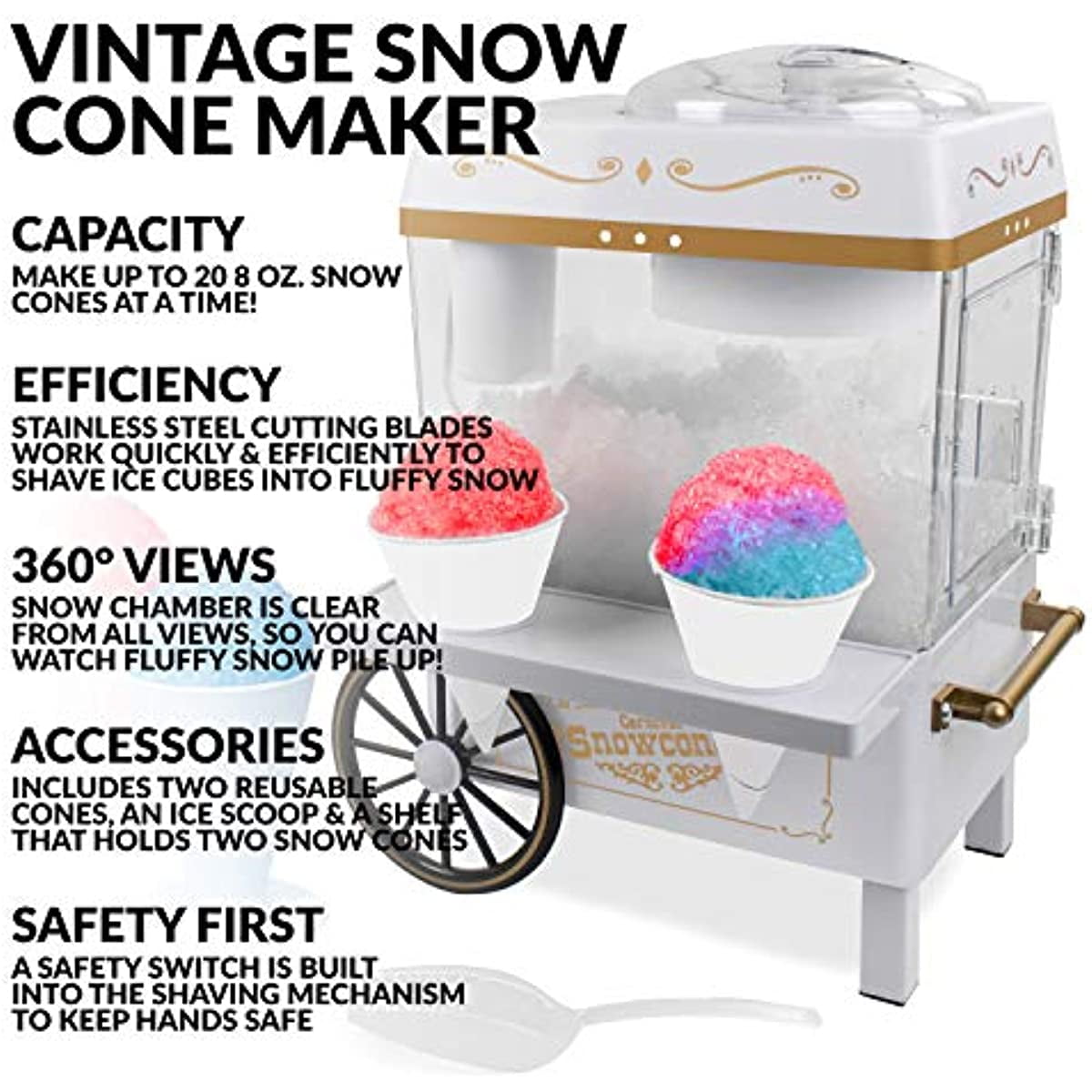 Nostalgia SCM525WH Vintage Countertop Snow Cone Maker Makes 20 Icy Treats, Includes 2 Reusable Plastic Cups & Ice Scoop – Ice White, 8 Oz