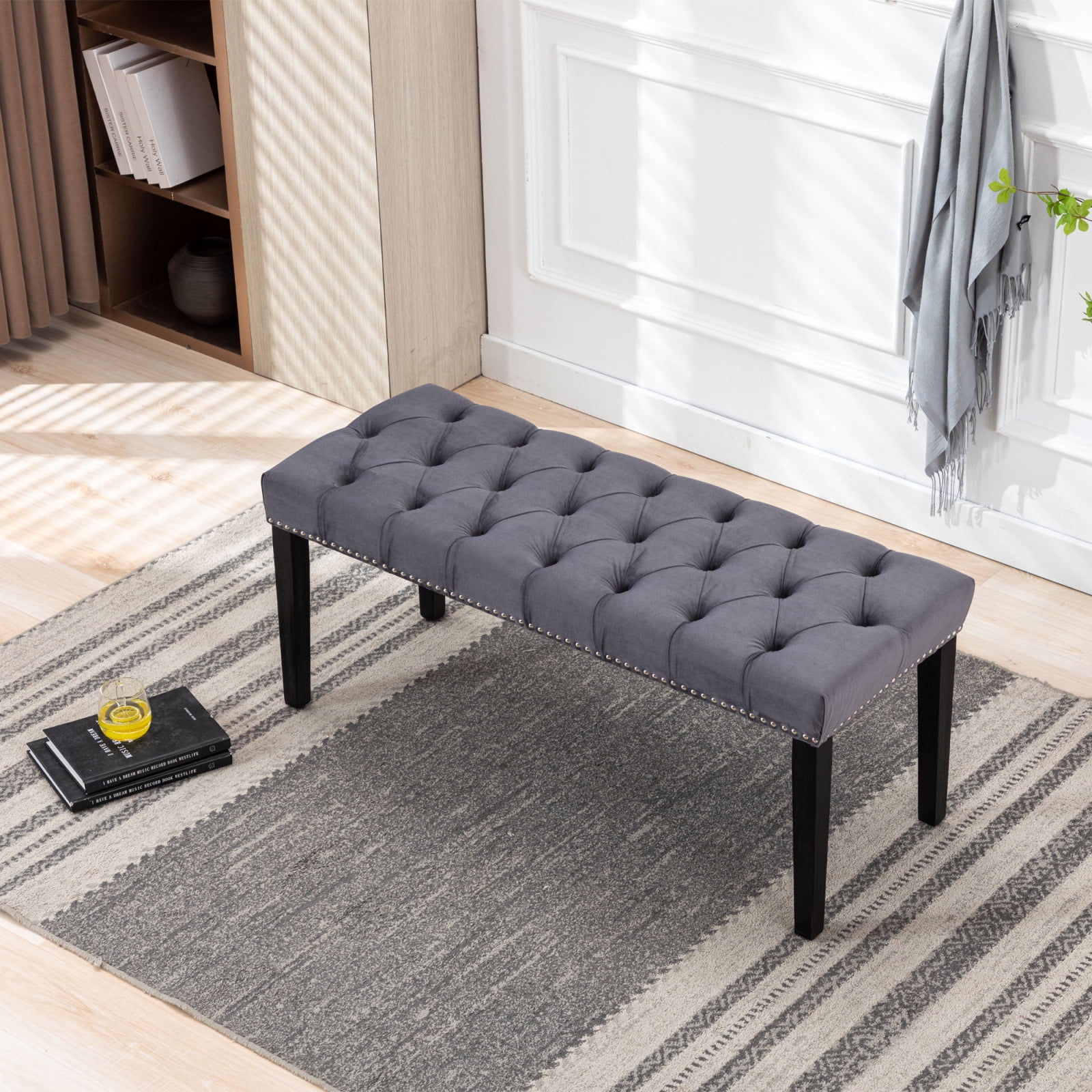 Velvet Ottoman Bench, Dining Bench with Deep Buttons Design and Wooden ...