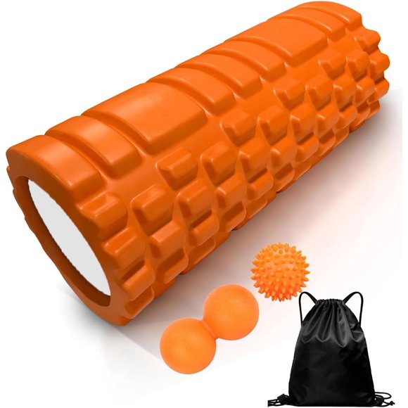 shiyou-Foam Roller 4in1 Set Includes Hollow Core Massage Roller,Peanut Ball,Spiky Ball,Storage Bag,for Deep Tissue Massage, Pain Relief of Back, Legs, Exercise( 4 in 1) (Orange)