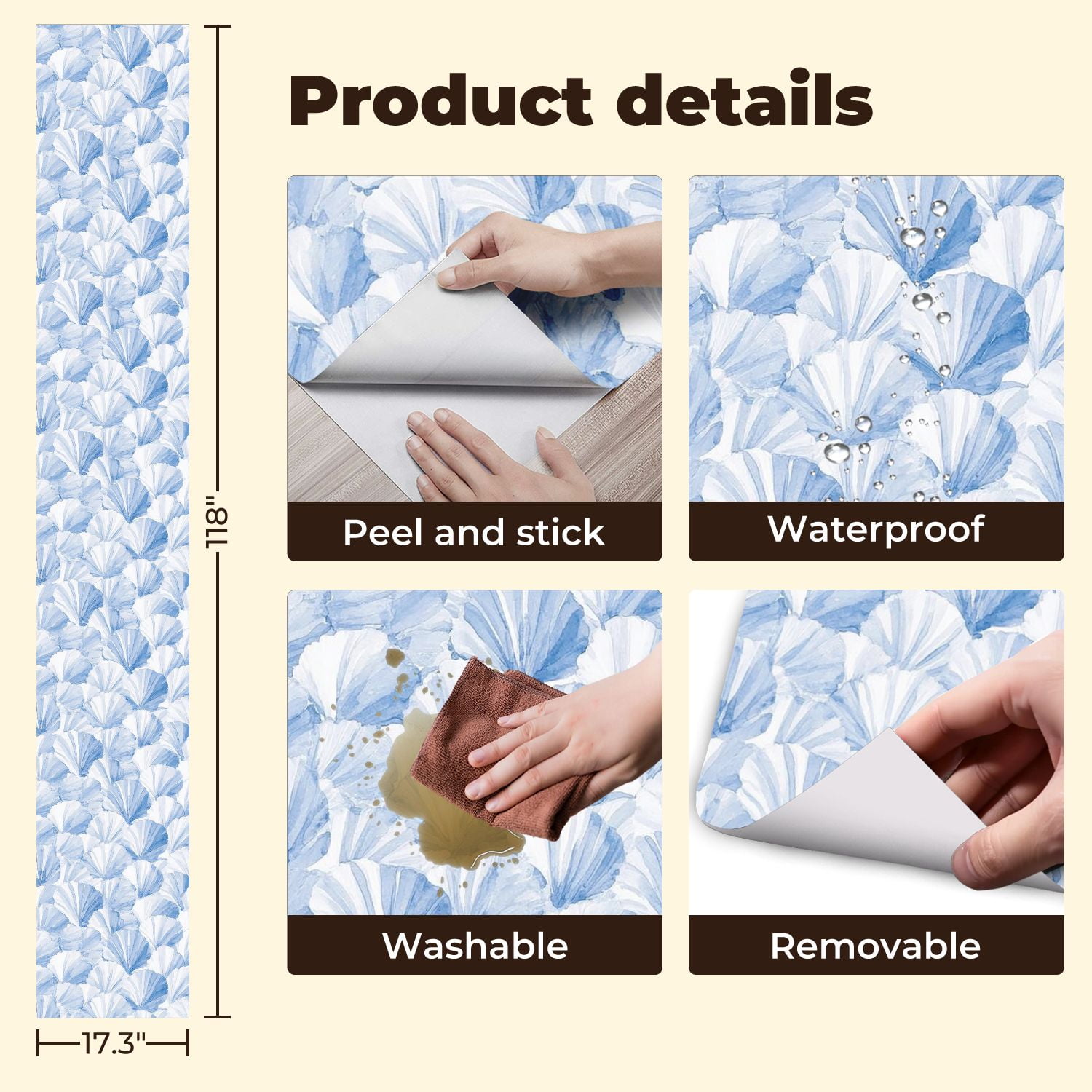 Coastal Peel and Stick Wallpaper Blue White Watercolor Fan Shell Contact Paper 17.7in x 9.8ft Wallpaper Removable Self Adhesive Wall Paper for Bedroom