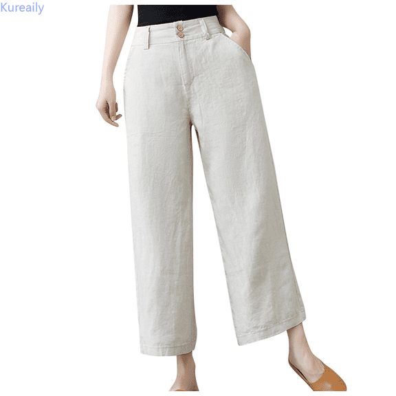 Kureaily Pants Waist Elastic Band Balloon Linen Loose Casual Women Summer Work Casual Pants
