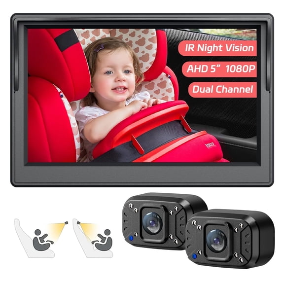 Baby Car Camera,Dual Channel 5''HD IPS Display with 2 IR Night Vision Monitor,Baby Car Mirror 1080P