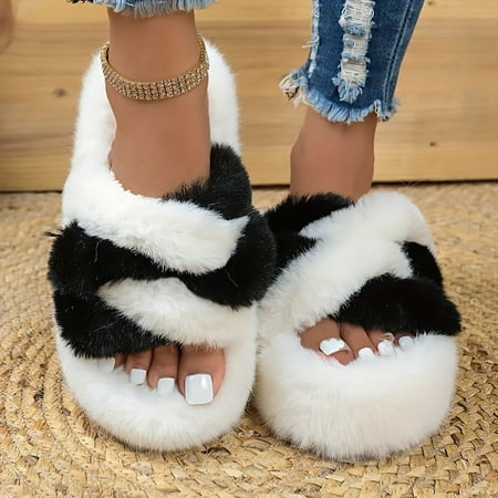 

NAYUKA Tone Plush Flatform Slippers Open Toe Fuzzy Slip On Fuzzy Shoes Fashion Indoor Warm Winter Slippers