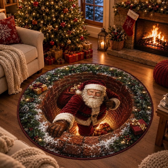 3D Christmas Rugs, Christmas 3D Optical Illusion Rug, Vortex Round Carpets Xmas Decorations