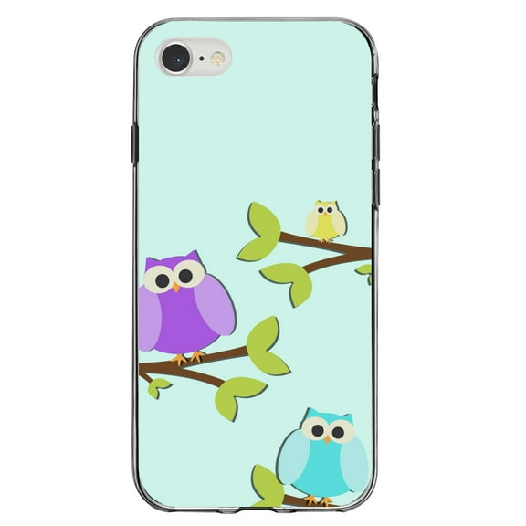 DistinctInk Clear Shockproof Hybrid Case for iPhone 7 8 SE (2020 Model) 4.7" Screen TPU Bumper Acrylic Back Tempered Glass Screen Protector - Blue Purple Yellow Owls - Cartoon Owls