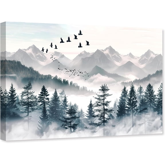 ZHONGYUTONG Misty Forest Canvas Wall Art Foggy Landscape Pictures for Wall Mountain Scenery Painting Print for Bedroom Decor Framed (12.00" x 18.00")