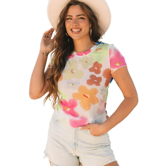 Women's Multicolour Floral Mesh Lettuce Trim Cropped T-Shirt | [ZhiHiMeRi] | (US 12-14)L