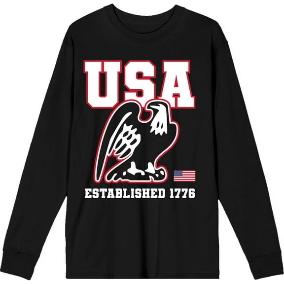 Americana Eagle USA Established 1776 Black Adult Crew Neck Long Sleeve Tee-Medium