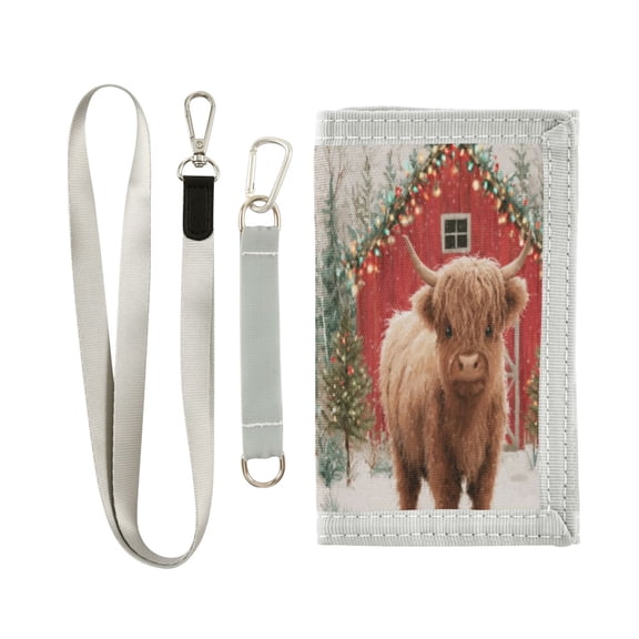 Cloth Wallet with Lanyard & Multiple Compartments Fashion Purse Zipper Clutch Bag for Cash Cards Coins Cute Highland Cow Pattern