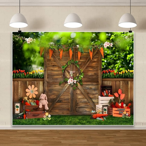 7x5ft Spring Easter Garden Backdrop Rustic Wooden Wall Tulip Photography Background for Birthday Baby Shower Party Decorations Banner Portrait Photo Booth