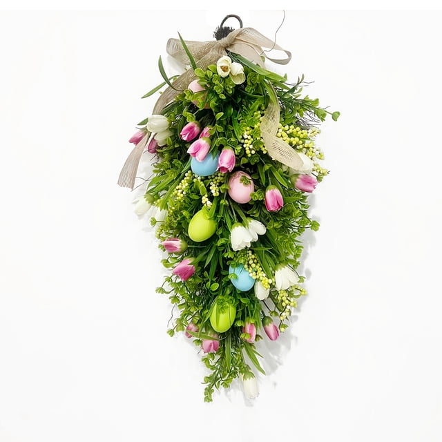 SIYTUAU Artificial Tulips Bow Wreath Door Hanger For Easter Home Decoration Faux Flower Arrangement With Ribbon For Spring Holiday Festivities