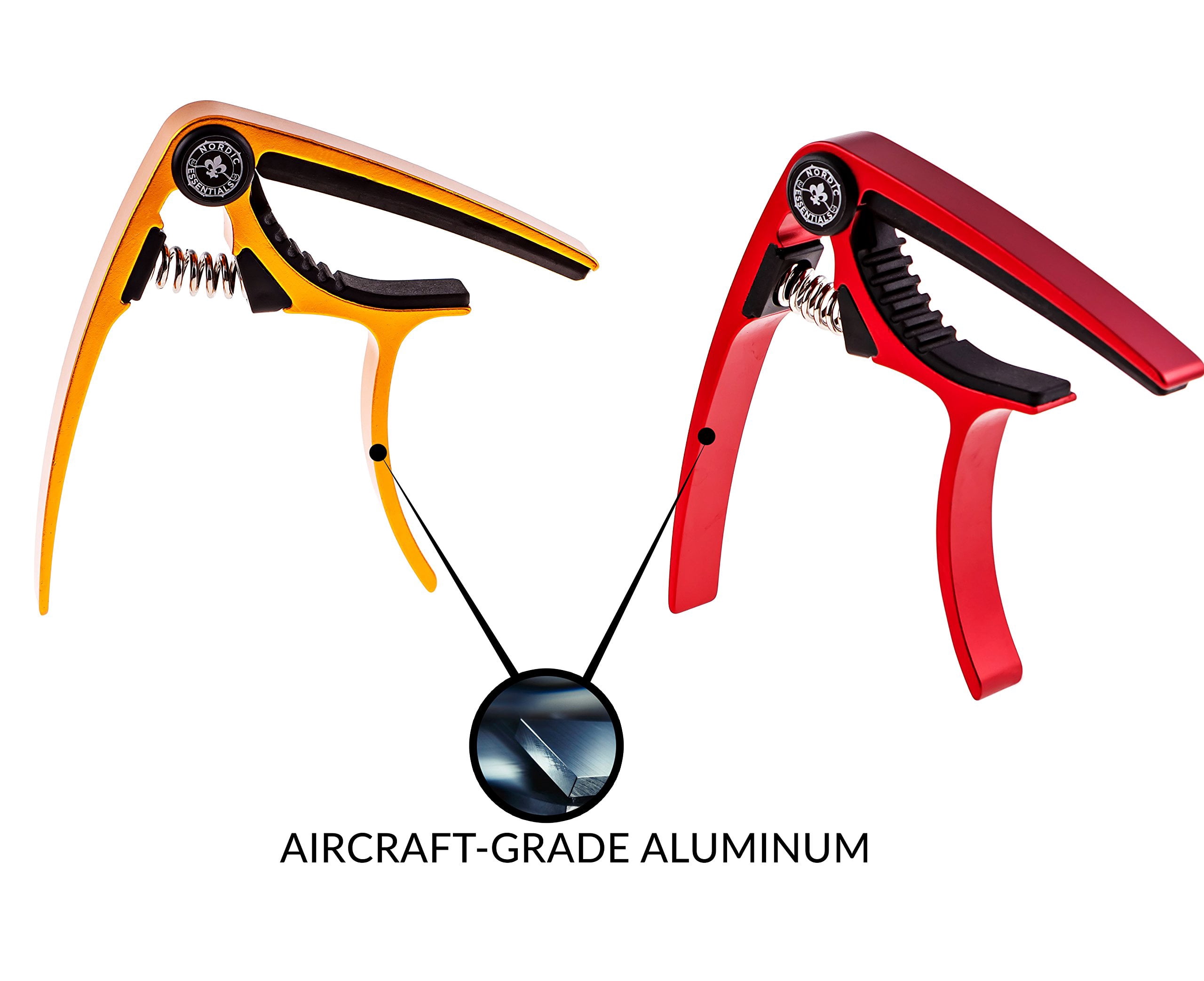 Guitar Capo (2 Pack) for Acoustic Guitars, Ukulele, Banjo, Mandolin, Bass - Made of Ultra Lightweight Aluminum Metal (1.2 oz!) for 6 & 12 String Instruments - Nordic Essentials (Red + Gold)