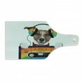 thumbnail image 1 of Popstar Party Cutting Board, Dog Listening to Music from an Old Cassette of the 80's Colorful Headphones, Tempered Glass Cutting and Serving Board, Wine Bottle Shape, Multicolor, by Ambesonne, 1 of 1