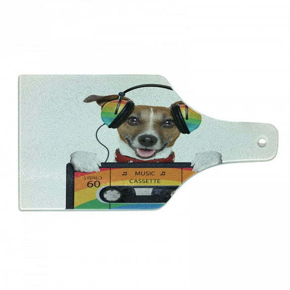 Popstar Party Cutting Board, Dog Listening to Music from an Old Cassette of the 80's Colorful Headphones, Tempered Glass Cutting and Serving Board, Wine Bottle Shape, Multicolor, by Ambesonne