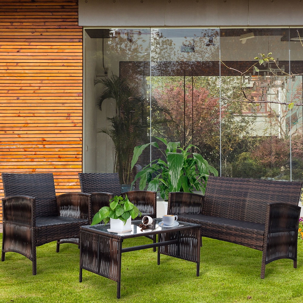Kadyn Patio Furniture 4 Pieces Conversation Sets, Conversation Set with Rattan Chairs, loveseat and Glass Coffee Table, Rattan Outdoor Conversation Set for Porch, Brown Kadyn Patio Furniture 4 Pieces Conversation Sets, Conversation Set with Rattan Chairs, loveseat and Glass Coffee Table, Rattan Outdoor Conversation Set for Porch, Brown