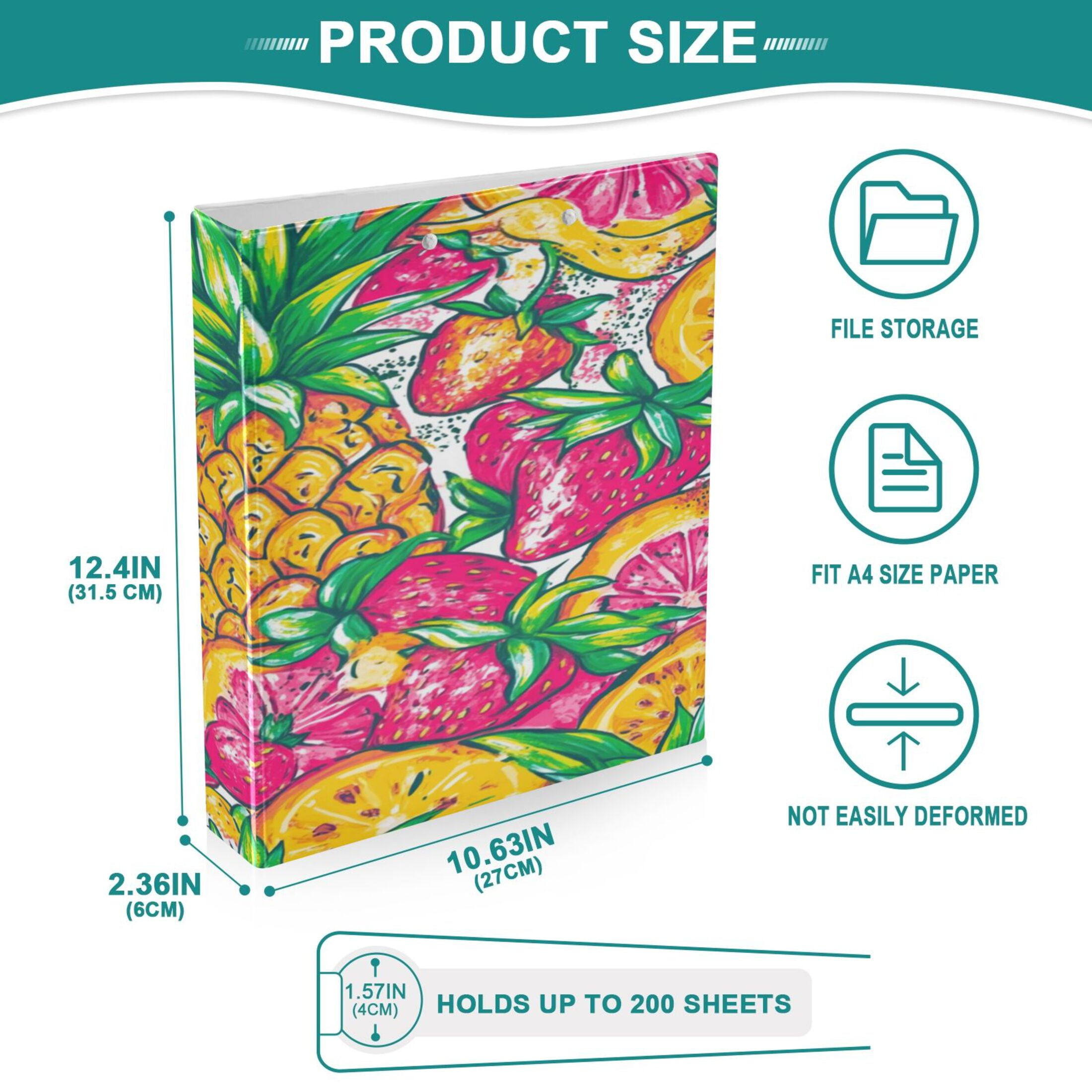 WOBOGO A Vibrant Summer Pattern with Colorful Fruits File Folders Extra Large Capacity to Hold 200 Sheets of Documents Hard Shell Ring Binder for School Home Office