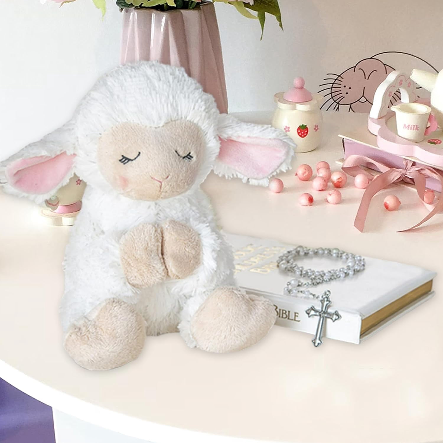 Gan Blessed Plush Lamb 8.5 inches with Rosary Set and Prayer Pamphlet in a box for girls and boys