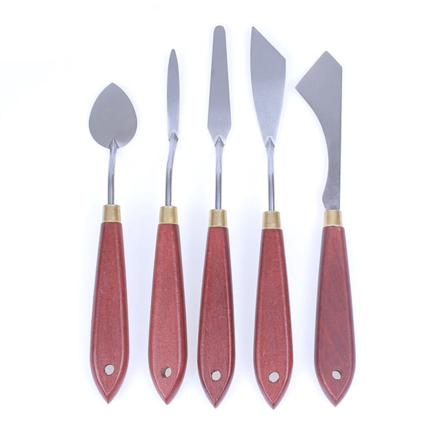 Billuyoard Espátula mezcladora de pintura de acero inoxidable resistente con mango de madera, espátula artística, paleta alisadora, rebanador, Herramientas y accesorios para hornear 5 piezas estilo A