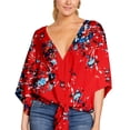 thumbnail image 1 of UHNDY Women's Summer Floral Print Top 3/4 Flared Sleeve V-Neck T-Shirt,Red flower,2XL, 1 of 4