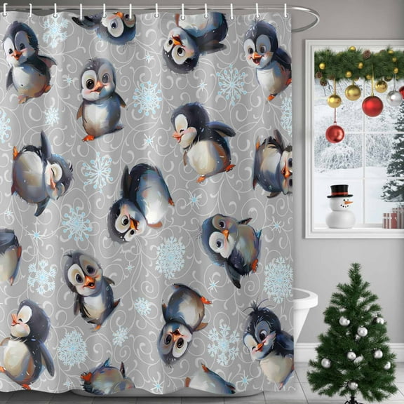 Christmas Penguin Shower Curtains for Bathroom, Snowflakes Xmas Winter Grey Waterproof Fabric Shower Curtain for Bathroom Bathtub Decoration, Machine Washable, 60"x72"