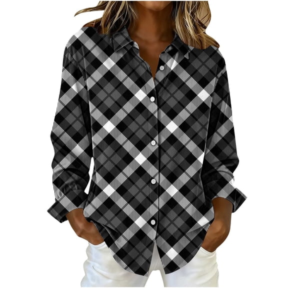 ZUKMRJPC Button Down Shirts for Women Classic Plaid Long Sleeve Casual Collared Vintage Shirts Lightweight Slim Fit Daily Work Tops