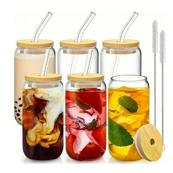 6, Glass Cup, 17.8 Oz/550 Ml Glass Cup With Lid And Straw, Mason Jar Drinking Cup, Iced Coffee Cup, Glass Cup With Bamboo Lid, Reusable Straw
