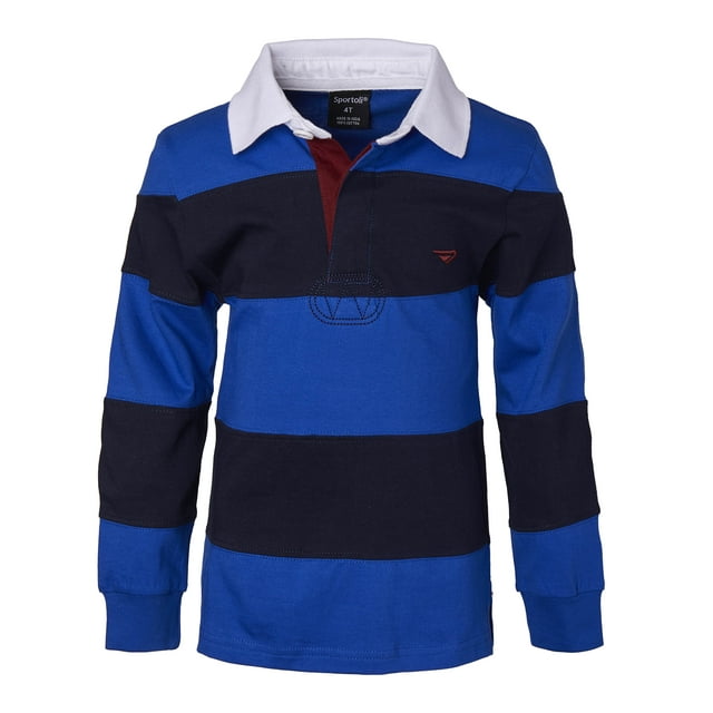 Boys Cotton Striped Long Sleeve Polo Rugby Shirt - Royal/Navy - Size 2