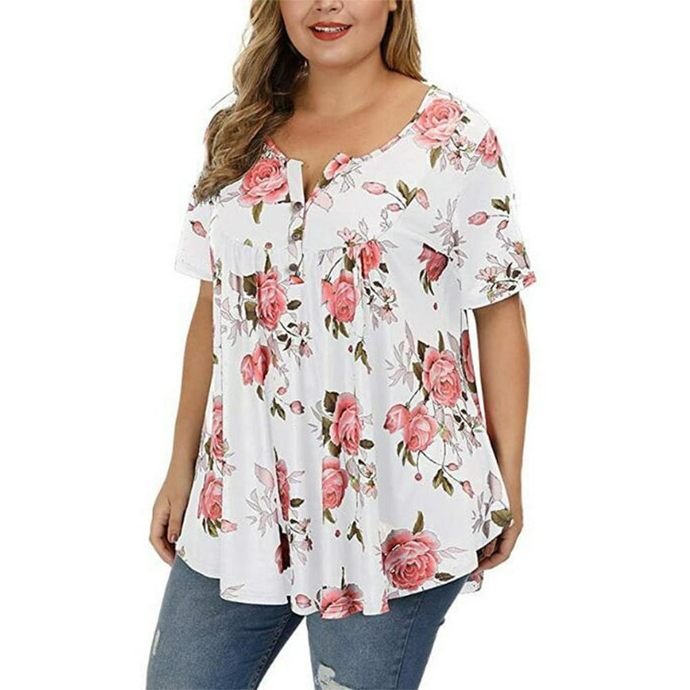 UKAP Women Summer Top Plus Size Floral Printed Vintage Blouse Ladies