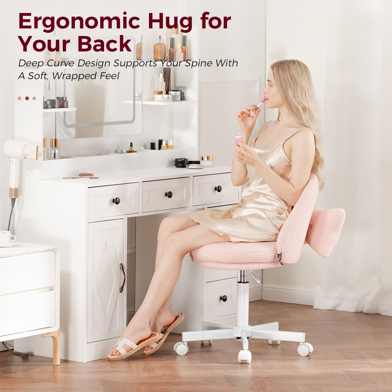 CloudRest Pro Vanity Chair with Back & Wheels, Adjustable Swivel Velvet Stool for Bedroom, Home Office, Pink