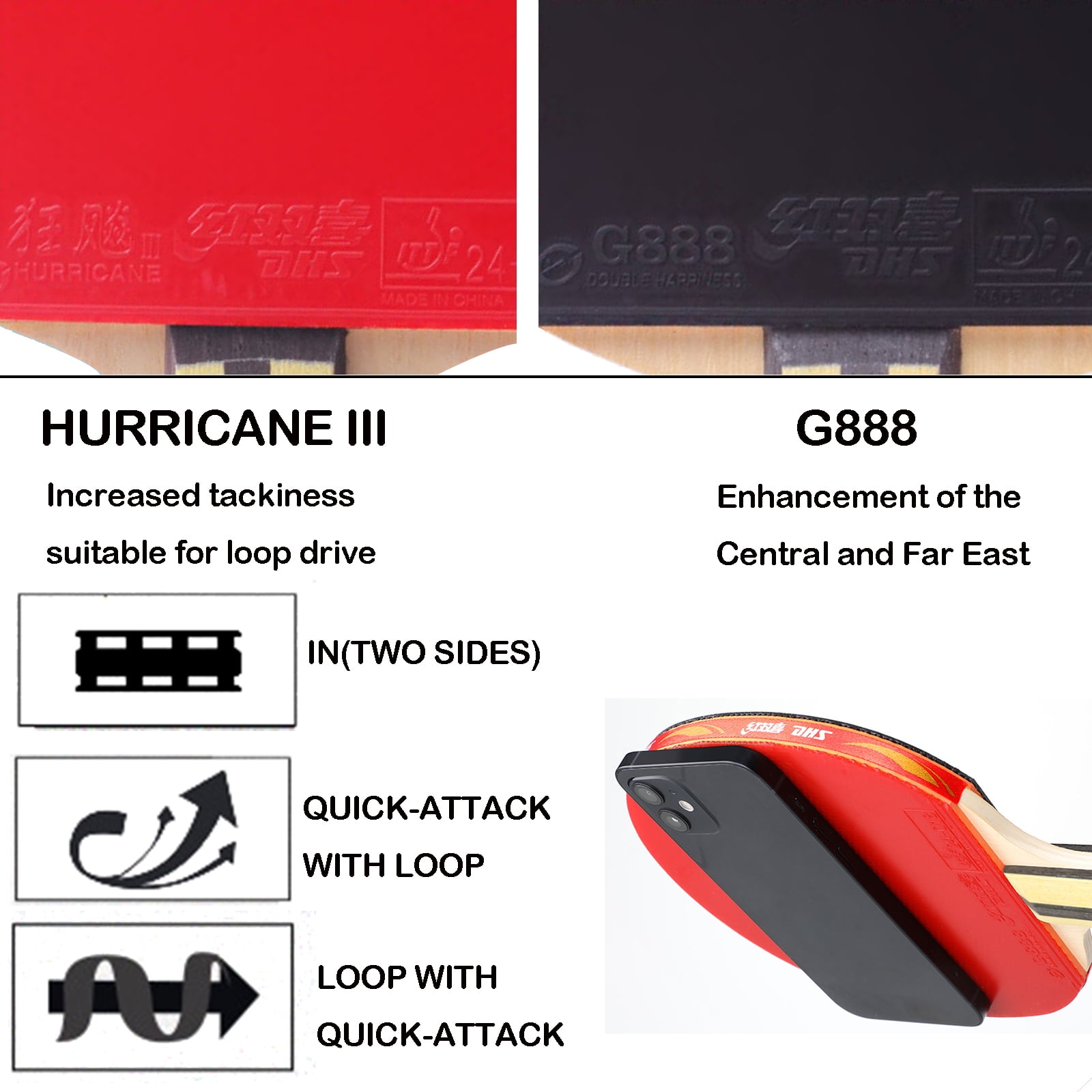 DHS Ping Pong Paddles Professional Table Tennis Racket with Hurricane Rubber Carrying Case - ITTF Approved Rubber for Tournament Play