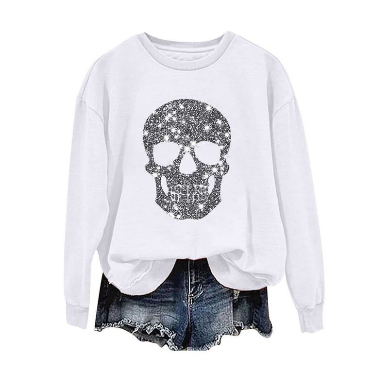 Dazajoo Halloween Shirts for Women Trendy Sequin Skull Long Sleeve