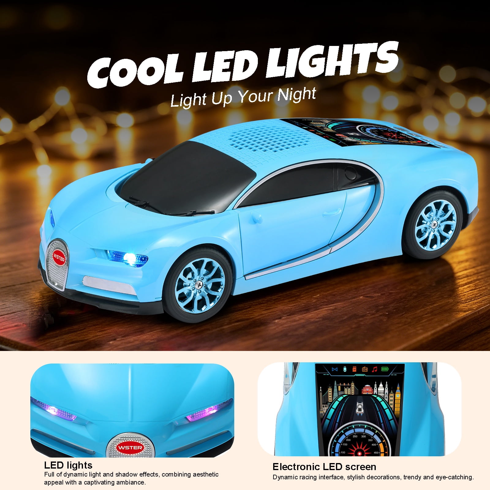 WSTER WS-660 portable Bluetooth speaker is a cool, car-shaped wireless speaker with LED lights, an FM radio, and TF card support.Suitable for desktop decorations/computer use/outdoor use/party use