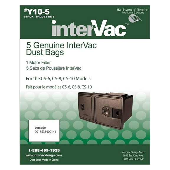 InterVac Compact Vacuum Dust Bags for Model CS6,CS8 (1 Pack 5 Bags) // 009014, 32-2417-05