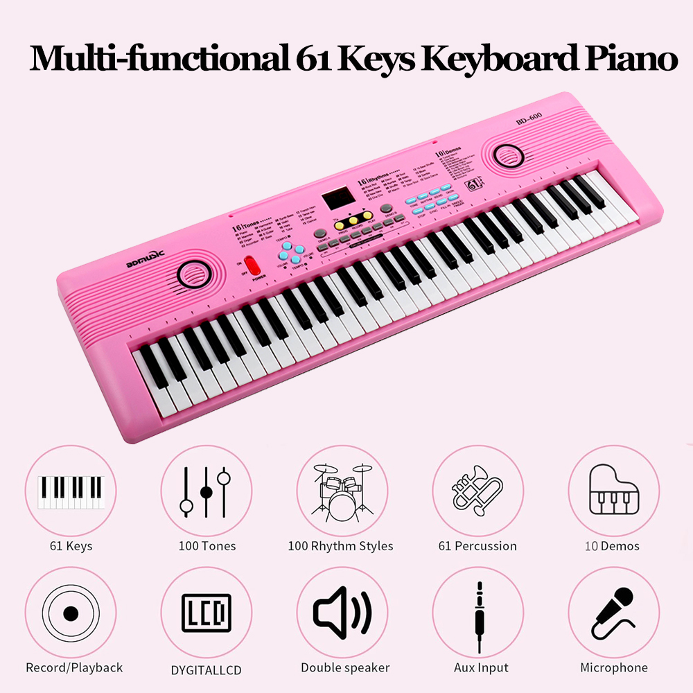 TIANLAIMEI 61 Keys Electric Digital Piano 100 Tones Eectric Keyboard Built-in Microphone with Stand for Beginners Kids Musical Instruments Gifts, Pink