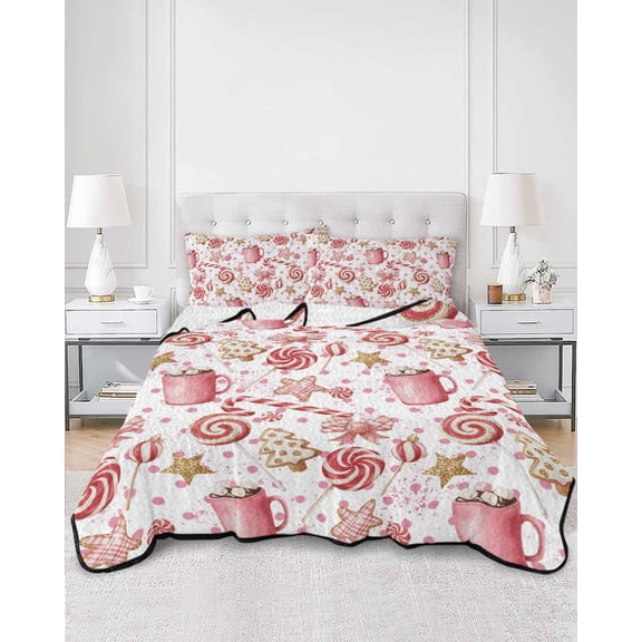 Twin Quilt Bedding Set Watercolor Christmas Candy Cane Summer Quilt Lightweight Quilted Coverlet with 2 Pillow Shams, Pink Cup 3-Piece Bedspread Quilt Set for All Season