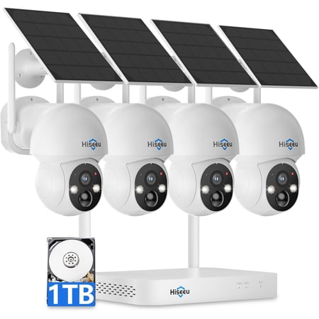 Hiseeu Solar Camera Wireless Outdoor, Home Security Camera System, 2.4G & 5G WiFi, Solar-Powered 4MP 4 Cam-Kit, Color Night Vision, 360° View, Pan & Tilt, 1TB HDD Local Recording, No Subscription