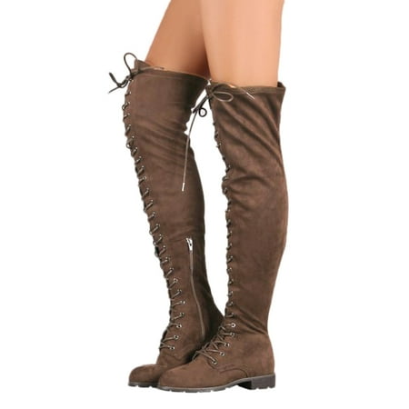 Zip Up Knee Boot - DYMADE Women's Chunky Heel Tied up Side Zip Suede Knee High Boots