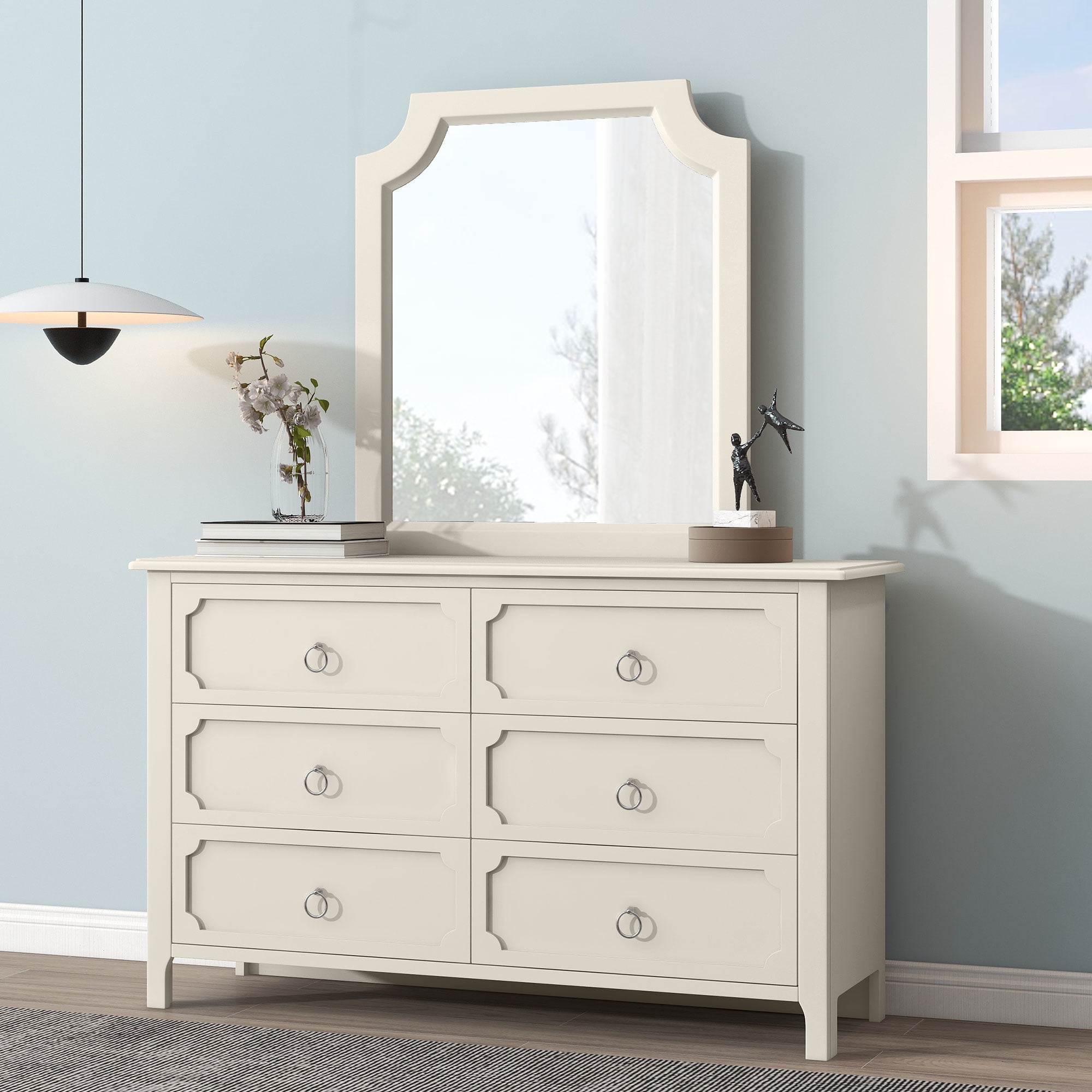 Resenkos Wooden 6 Drawers Double Dresser with Silver Metal Handles for Bedroom Milky White Resenkos Wooden 6 Drawers Double Dresser with Silver Metal Handles for Bedroom Milky White