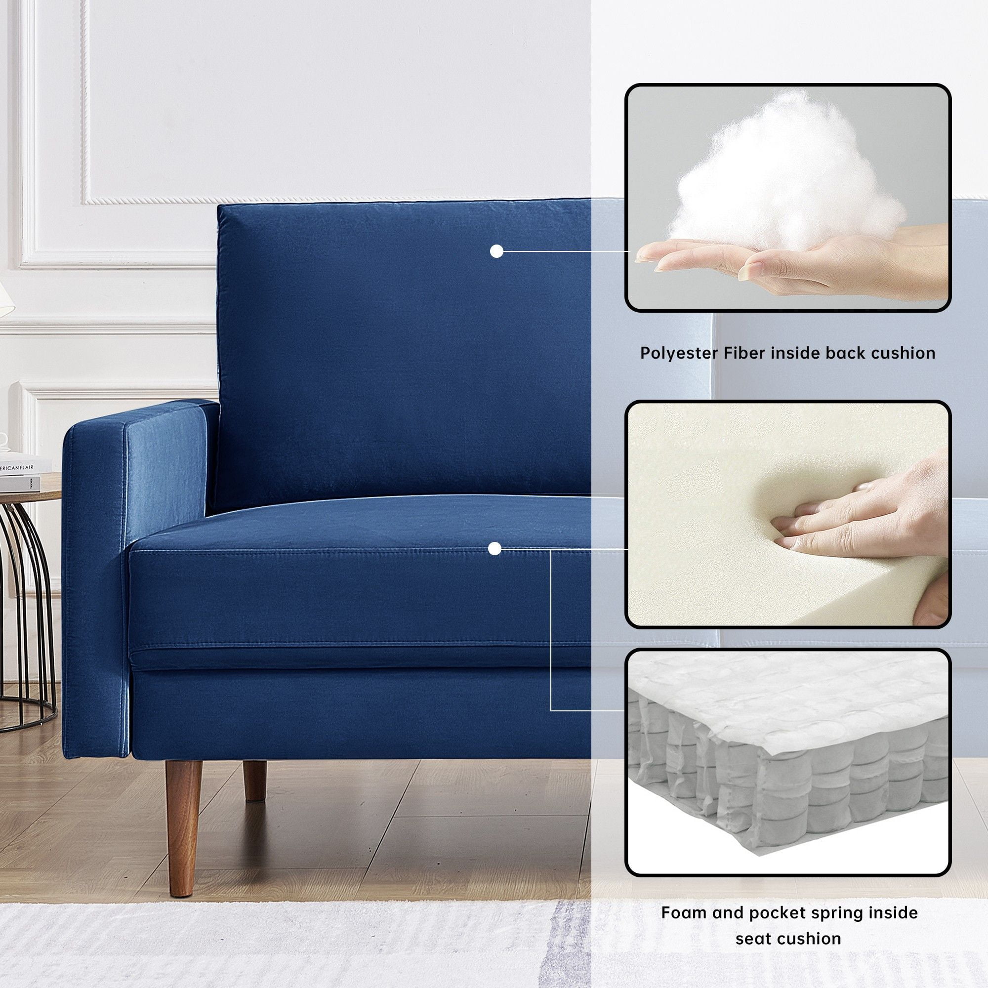 Lovelock 57" Mid-Century Modern Sofa Couch, Velvety Smooth Upholstered Loveseat with Wooden Legs, Suitable for Apartment, Dorm, Bedroom, Blue