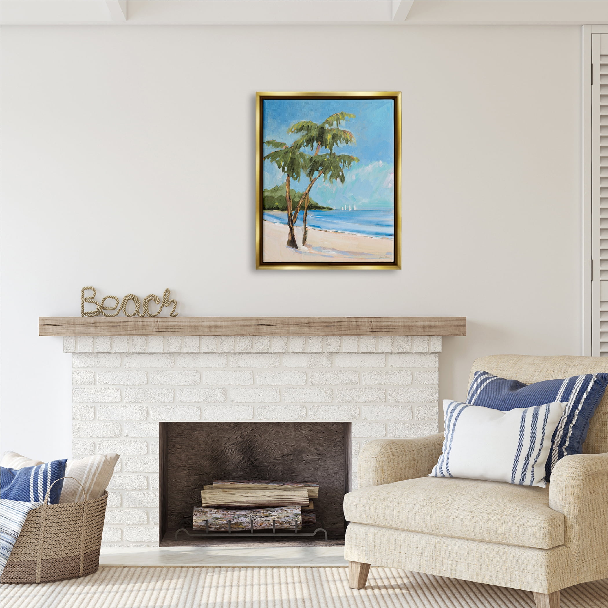 Stupell Industries Palm Trees Beach Landscape Nature Painting Gold Floater Framed Art Print Wall Art, 25 x 31