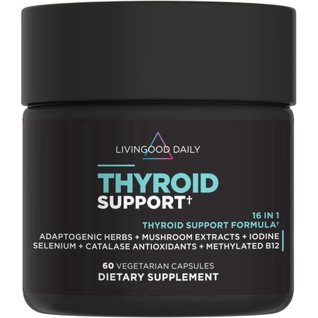 Livingood Daily Thyroid Support, 60 Capsules - Thyroid Supplement with Iodine + Adrenal Cortisol Support Formula