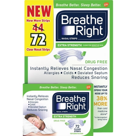 Breathe Right Nasal Strips To Stop Snoring, Drug-Free, Extra Clear, 72 Ct