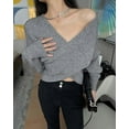 thumbnail image 3 of Womens Long Sleeve V Neck Sweaters Cross Wrap Front Off Shoulder Knit Crop Top Pullover, 3 of 7