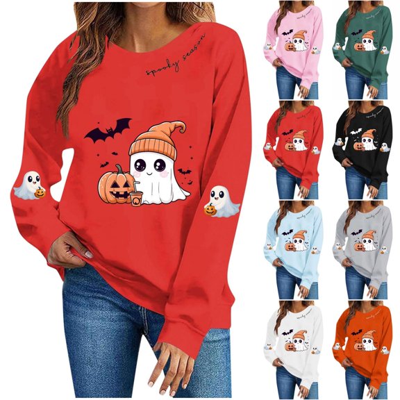 QINGFSAP Halloween Printed Long Sleeve Crew Neck Sweatshirt for Women Cute Ghost Pumpkin Print Loose Fit Pullover Tops